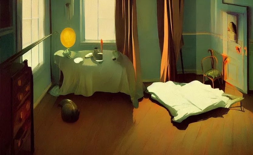 Image similar to Cozy victorian room apartment with candles, very coherent, painted by Francis Bacon and Edward Hopper, Wayne Barlowe, painted by James Gilleard, surrealism, airbrush, art by JamesJean