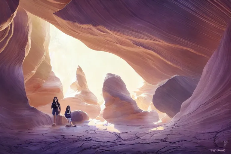Image similar to collection of beautiful celestial females exposed in cryo chambers relaxing at Antelope canyon, with rocks formed by water erosion, walls made of beautiful smooth sandstone light beams that shine, polish narrow slots of walls into a striated swirling finish, digital painting, concept art, smooth, sharp focus, from Star Trek 2021, illustration, by WLOP and Ruan Jia and Mandy Jurgens and William-Adolphe Bouguereau, Artgerm