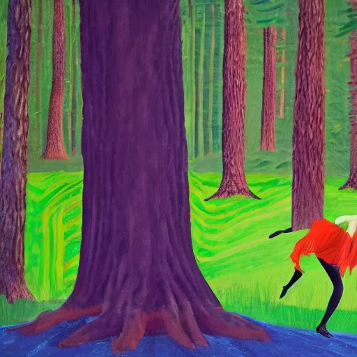 Image similar to woman and woodland beast dancing in a clearing in the forest, by david hockney, james jean, concept art, with 3 d geometric accents, 4 k