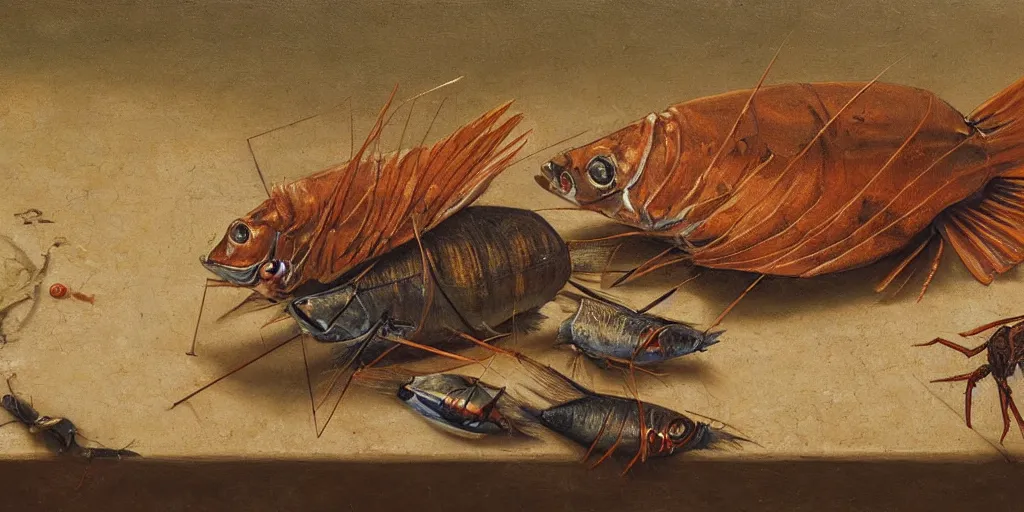 Prompt: a fish chilling next to a cockroach eating a wooden mannequin. oil painting masterclass renaissance 4 k