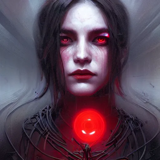 Image similar to Portrait of a dark witch using technology, dystopian, dark filaments, red glowing eyes, menacing, intimidating, frightening, intricate, headshot, highly detailed, digital painting, artstation, concept art, sharp focus, cinematic lighting, illustration, art by artgerm and greg rutkowski, alphonse mucha, cgsociety