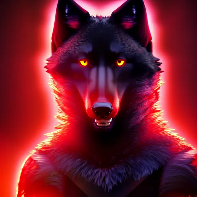 Image similar to portrait of a anthropomorphic black male wolf with red long red hair wearing futuristic clothes in a futuristic city, hyper detailed, digital art, trending in artstation, cinematic lighting, studio quality, smooth render, unreal engine 5 rendered, octane rendered, art style by pixar dreamworks warner bros disney riot games and overwatch.