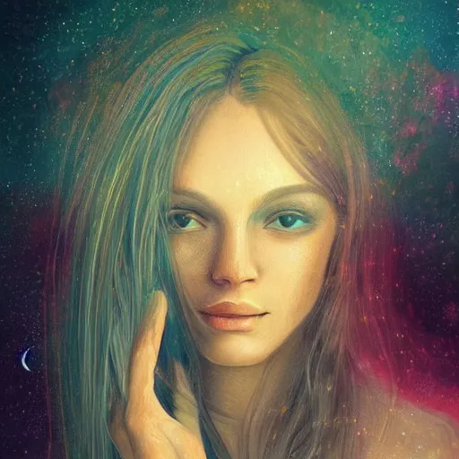 Image similar to beautiful detailed artistic portrait of a person travelling between different astral planes. grainy and rough. fine detail. soft colour scheme. artistic painting by lurid ( 2 0 2 2 ). featured on deviantart.