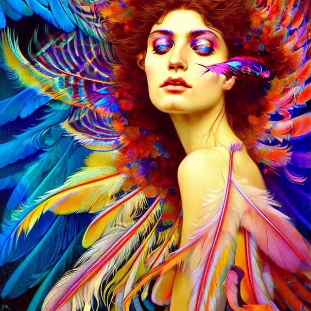 Image similar to face of young psychedelic transcendent feather mind bending psychedelic wings of glossy liquid honey flowing like kaleidoscopic translucent holograph, lsd feathers, feathery fluff, enlightenment, high contrast dappled lighting, refracted sunset, highly detailed, concept art, art by collier, albert aublet, krenz cushart, artem demura, alphonse mucha