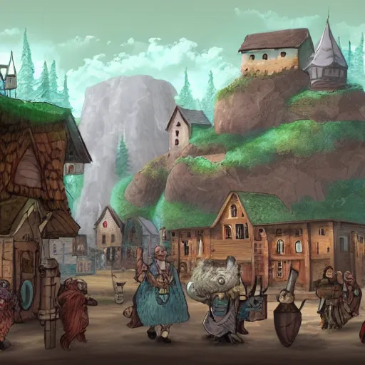 Image similar to large fantasy town filled with people who is doing their own stuff, game concept art, illustration,