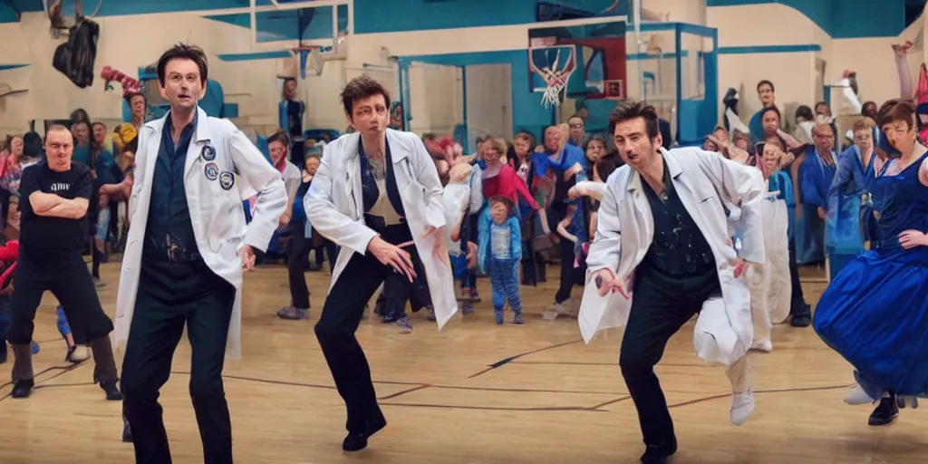 Image similar to promotional image of David Tennant as Doctor Who at a polka dancing contest at the YMCA basketball gym, everyone in the background all the enemies are clapping, in the background the Tardis door is wide open, movie still, promotional image, imax 70 mm footage, HDR, cinematic