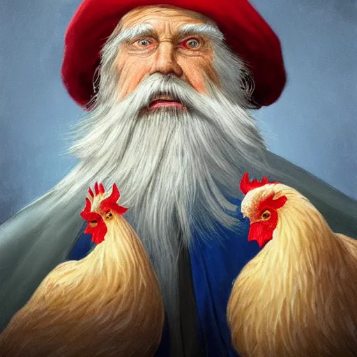 Prompt: character concept art of a kind old wizard with a long white beard looking a confused, holding a pet chicken perched top of his hat, wearing a blue robe, blue eyes, realistic, detailed, trending on ArtStation, by Gerald Brom