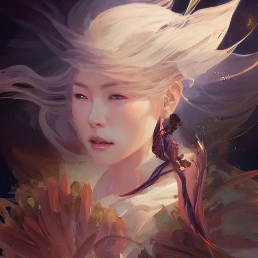 Prompt: An Asian wind elemental, portrait, highly detailed, digital painting, artstation, concept art, sharp focus, illustration, cinematic lighting, art by artgerm and greg rutkowski and alphonse mucha