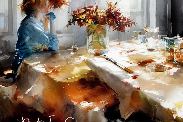 Image similar to paint brush strokes, abstract watercolor painting of deliciousness on table cloth, leaves, art by hans dahl, by jesper ejsing, art by anders zorn, wonderful masterpiece by greg rutkowski, cinematic light, american romanticism by greg manchess, creation by tyler edlin