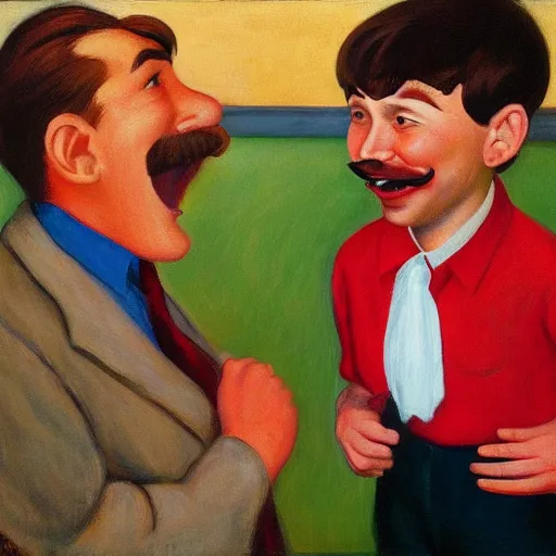 Image similar to long shot of a man with brown hair and mustache laughing with a short brown hair boy with red shirt by pj crook, edward hopper, oil on canvas