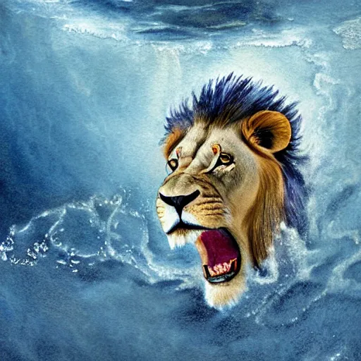 Image similar to a male lion's face breaching through a wall of water, water sprites, splashing, deep blue water color, highly detailed