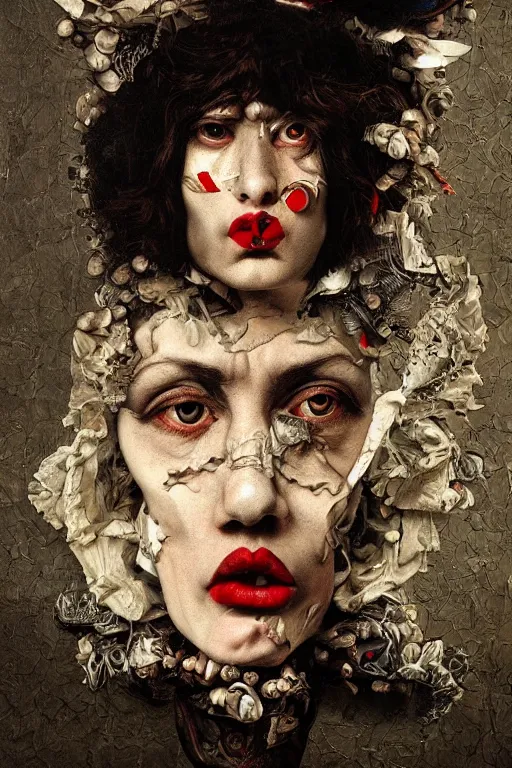 Image similar to Detailed maximalist portrait with large lips and with large white eyes, angry expression, HD mixed media, 3D collage, highly detailed and intricate surrealism, illustration in the style of Caravaggio, dark art, baroque