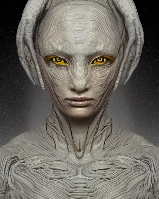 Prompt: an extremely detailed masterpiece head and shoulder portrait of a pleiadean extraterrestrial with yellowish eyes, in the style of sam guay, one single continues line, unreal engine, detailed, elegant, intricate, trending on artstation, 4 k