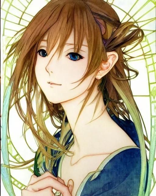 Prompt: A watercolor side portrait of a beautiful anime Link looking to the side, elegant, delicate, soft lines, higly detailed, smooth , pixiv art, ArtStation, lime and gold hue, artgem, art by alphonse mucha charles reid mary cassatt and shirow masamune, high quality