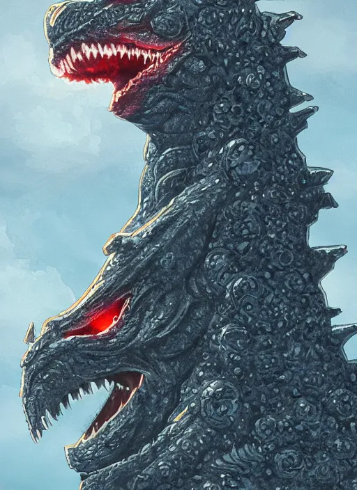 Image similar to occult godzilla kaiju with glowing haunted eyes, metal skin, intricate, elegant, highly detailed, centered, digital painting, artstation, concept art