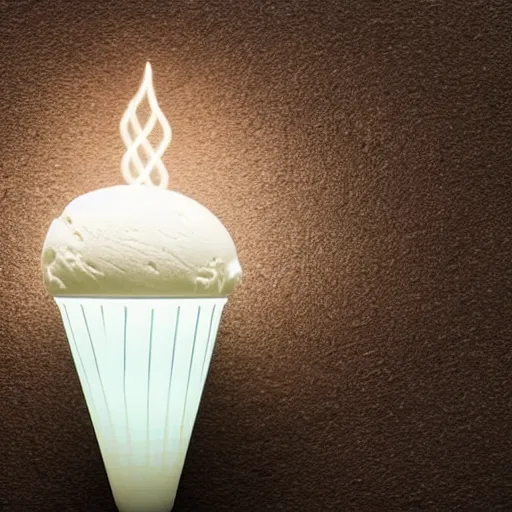 Image similar to a glowing, levitating ice cream cone with semitransparent ice cream containing a tungsten filament