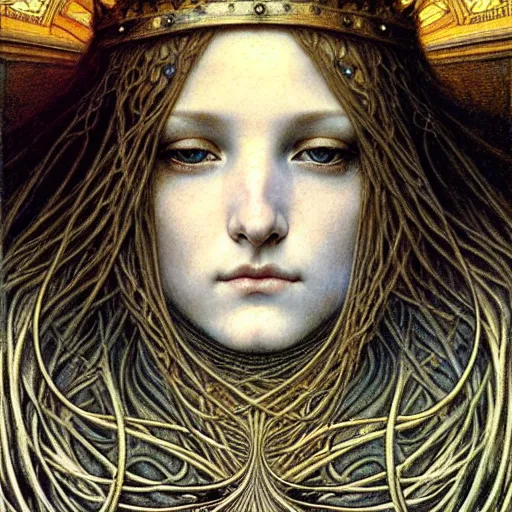 Image similar to detailed realistic beautiful young medieval queen face portrait by jean delville, gustave dore and marco mazzoni, art nouveau, symbolist, visionary, gothic, pre - raphaelite. horizontal symmetry