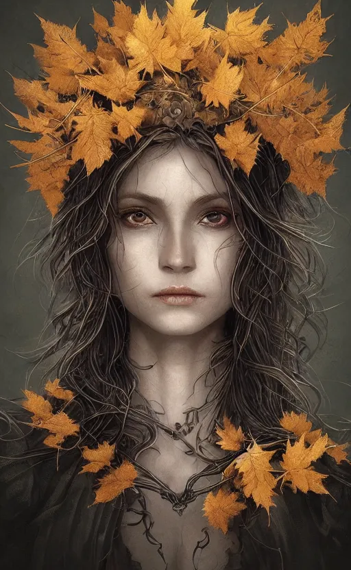 Image similar to golden leaves at frame border, creative!!! composition for a book cover!!!, absurdly beautiful, ultrafine hyperrealistic detailed old witch face by wlop and artgerm and greg rutkowski, intricate linework, sharp focus, smooth, octopath traveler, final fantasy, unreal engine, dramatic lighting, ethereal, 8 k