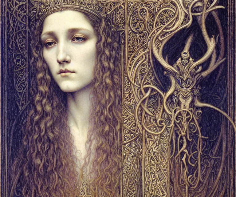 Image similar to detailed realistic beautiful young medieval queen face portrait by jean delville, gustave dore and marco mazzoni, art nouveau, symbolist, visionary, gothic, pre - raphaelite. horizontal symmetry