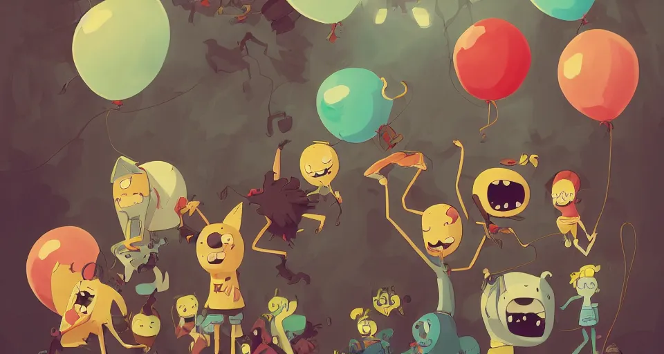 Prompt: cartoon scary children with balloons, evil, in the style of adventure time, the amazing world of gumball, pixar, toki doki, greg rutkowski and makoto shinkai, trending on artstation