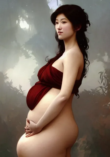 Image similar to pregnant simu liu, handsome, intricate, elegant, highly detailed, digital painting, artstation, concept art, smooth, sharp focus, illustration, art by artgerm and greg rutkowski and alphonse mucha and william - adolphe bouguereau