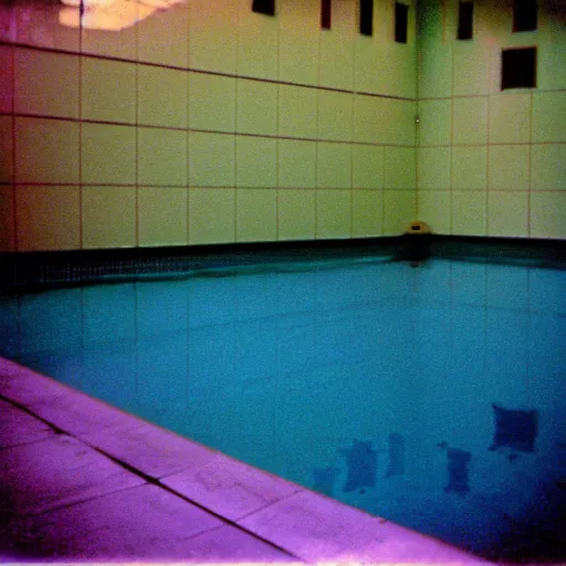 Prompt: Beautiful colored-photo cameraphone 2005 soft liminal Photograph of an infinite dark hall pool