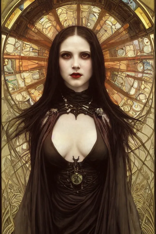 Image similar to masterpiece painting of beautiful vampire girl by donato giancola, h. r. giger and tom bagshaw, face by artgerm and edmund leighton, background by james jean and alphonse mucha, 8 k, gothic horror, majestic, volumetric lighting, porcelain skin, art deco, trending on pixiv