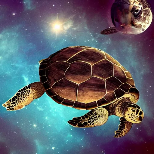 Prompt: turtle floating through space with a castle on it's back shell, Chris Pratt, comic