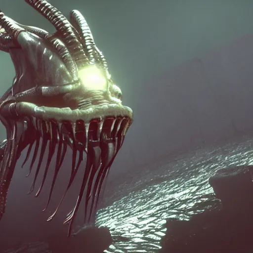 Prompt: octane render of a angry xenomorph close up under water swimming towards the camera, beautiful, god rays, by h. r. giger and seb mckinnon