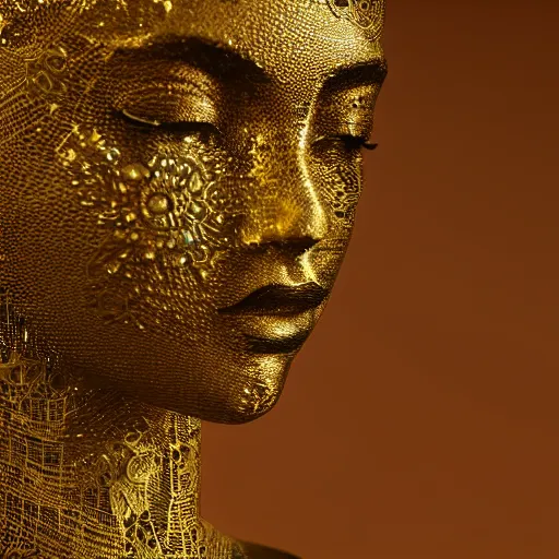 Prompt: epic deatailed golden statue of a beautiful female, surrounded by intricate gold lace metalwork on a black smokey background, close up face, modern art, trending on Artstation