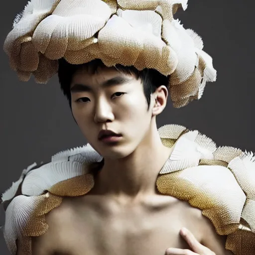 Image similar to a beautiful young korean male wearing iris van herpen couture, photographed by erwin olaf