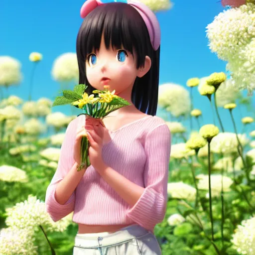 Prompt: Manga cover portrait of an extremely cute and adorable beautiful curious happy girl smelling a flower, summer vibrance, 3d render diorama by Hayao Miyazaki, official Studio Ghibli still, color graflex macro photograph, Pixiv, DAZ Studio 3D