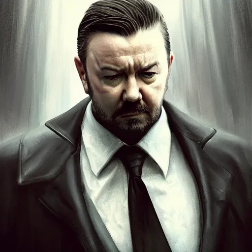 Prompt: closeup portrait of a ricky gervais as a hitman, the matrix, dramatic light, gorgeous view, depth, high detail, digital art, painted by greg rutkowski and seb mckinnon, by tim burton, trending on artstation