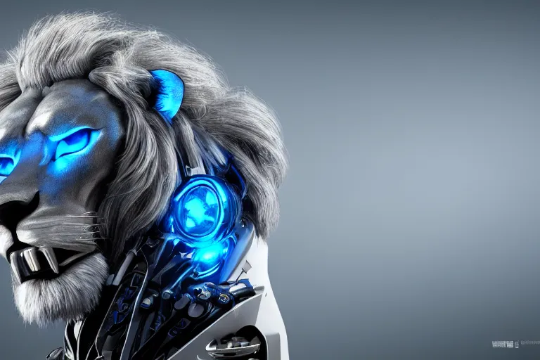 Image similar to lion, futuristic, cybernetic, metal, white blue grey, octane render, studio light,