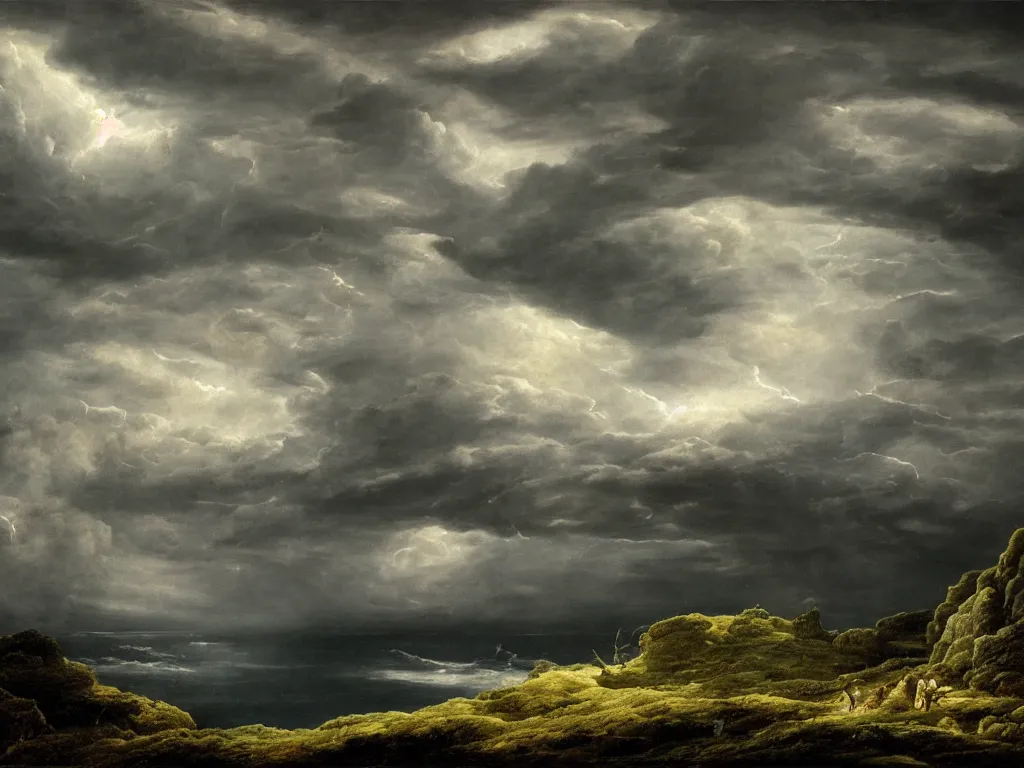 Prompt: detailed landscape, high cliff, very detailed dark super storm, hyper realistic clouds, impressive, magical, very atmospheric, smoke boiling, cinematic, deep, very high complexity, stunning, masterpiece, chiaroscuro, in the style of caspar david friedrich, very detailed. 4 k