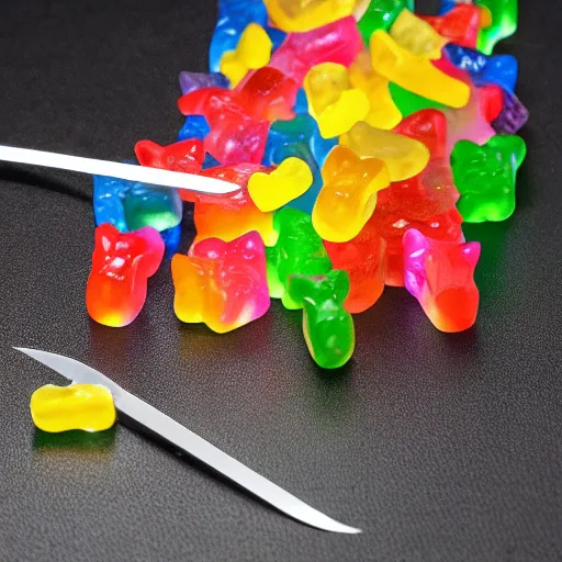 Prompt: gummy cats fight gummy bears with tooth pic swords, highly detailed, studio photo,