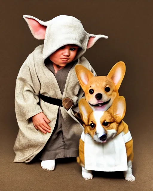 Prompt: baby yoda and his best friend corgi kenobi, a corgi dog dressed as obi wan kenobi in jedi robes, photographed in the style of gilbert taylor, star wars, tatooine