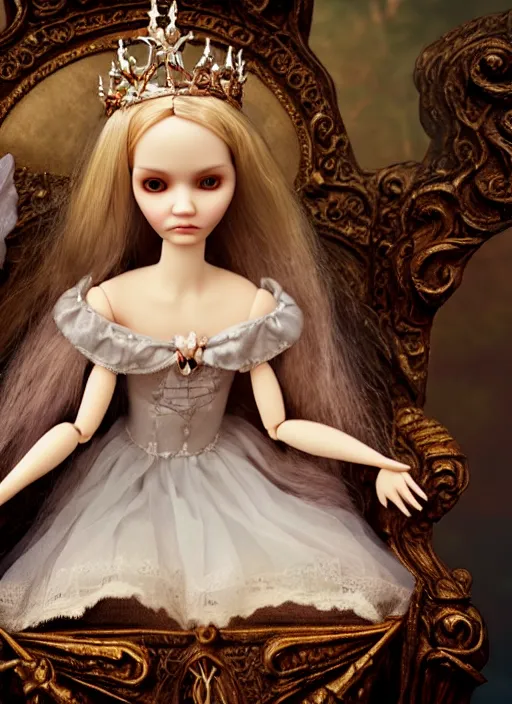 Image similar to highly detailed closeup, simple doll hands, portrait of a gothic fairy princess wearing a crown and sitting on a throne, unreal engine, nicoletta ceccoli, mark ryden, earl norem, lostfish, global illumination, god rays, detailed and intricate environment