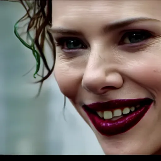 Image similar to beautiful awe inspiring Scarlett Johansen as The Joker smiling maniacally 8k hdr