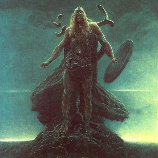 Prompt: thor, god of thunder, art by beksinski