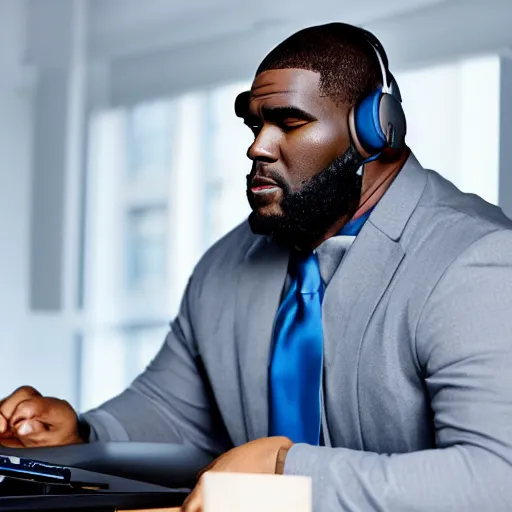 Image similar to obese r kelly sitting behind computer wearing headset