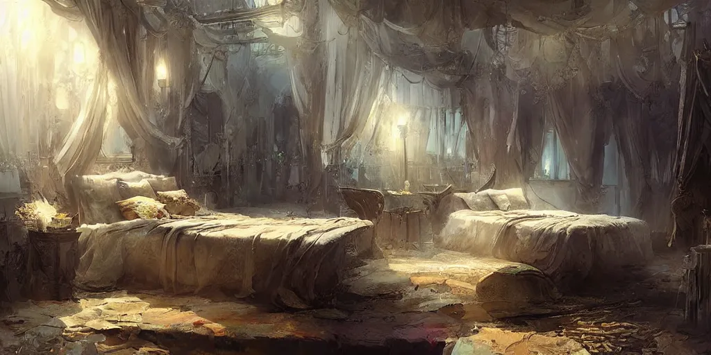 Image similar to a bed on stand in a magical area, by greg rutkowski