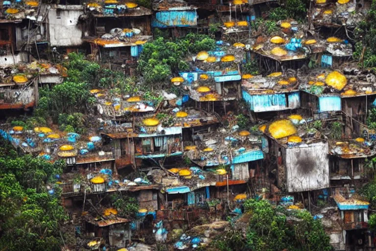 Image similar to favela fungal beehive, diseased environment, industrial factory, cheerful, award winning art, epic dreamlike fantasy landscape, ultra realistic,