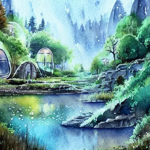 Image similar to beautiful happy picturesque charming sci - fi organic homes in a beautiful natural scene. water, trees and rocks. beautiful light. soft colour scheme. beautiful artistic detailed watercolor by lurid. ( 2 0 2 2 )