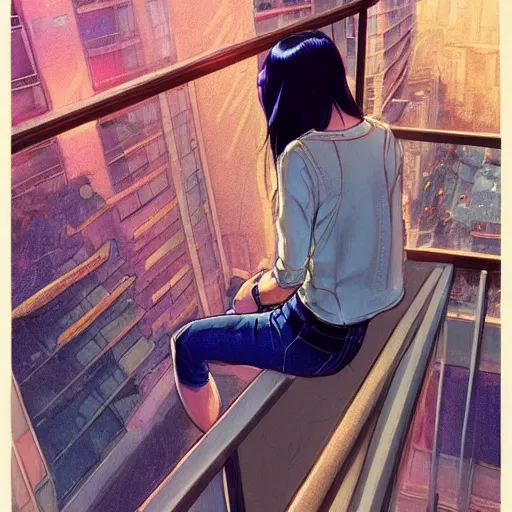 Image similar to a beautiful artwork of a woman in jeans and a white shirt sitting on the balcony of a hotel at night, top view, neon and rainy theme atmosphere by Jerome Opeña, featured on artstation