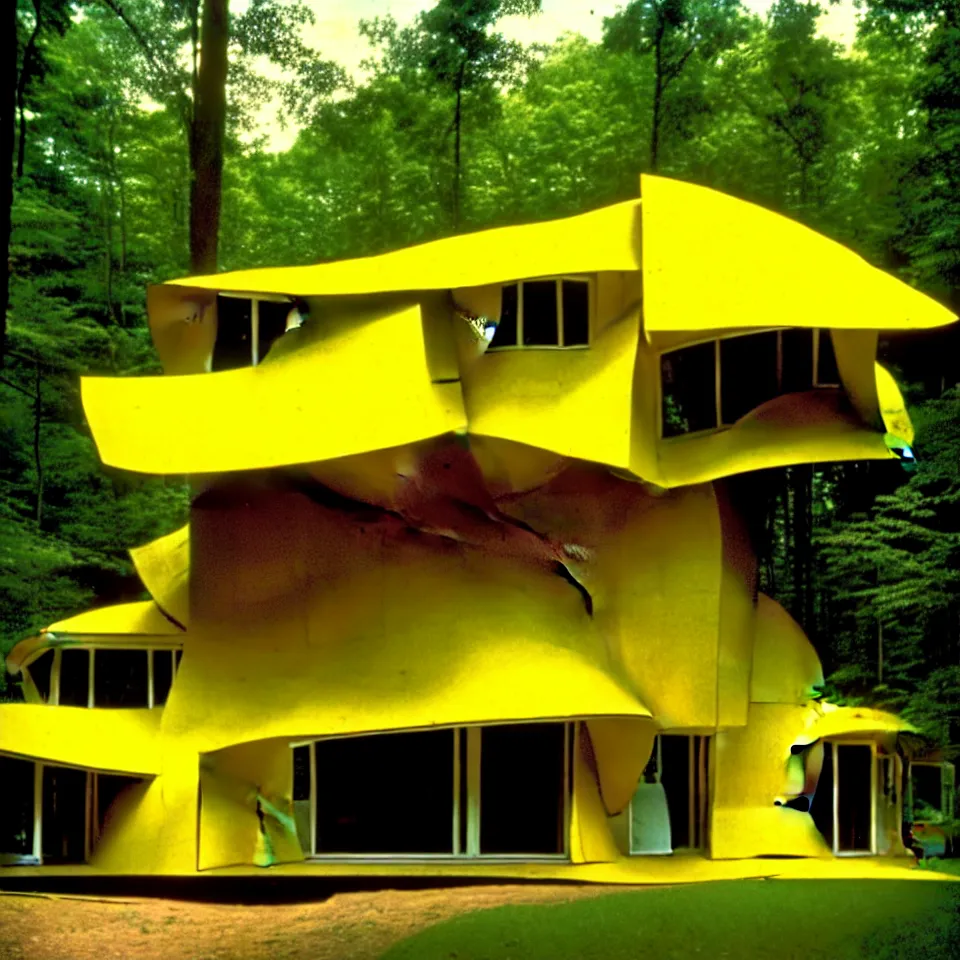 Prompt: a flat leveled house with big tiles in a forest, designed by Frank Gehry and more van der rohe. Film grain, cinematic, yellow hue