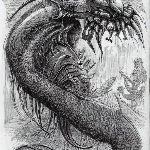 Image similar to bestiary of creatures from the depths of the unconscious psyche