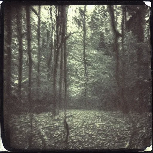 Image similar to glowing eyes in a dark forest, old polaroid, expired film, lost footage, nightmare, creepy, horror, unsettling,