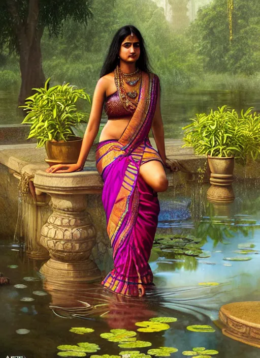 Image similar to a young indian lady wearing a sari relaxing by a pond, wet, shiny, fantasy, intricate, elegant, hyper detailed, ultra definition, photoreal, artstation, unreal engine rendered, concept art, smooth, sharp focus, illustration, art by artgerm and greg rutkowski and alphonse mucha and garis edelweiss