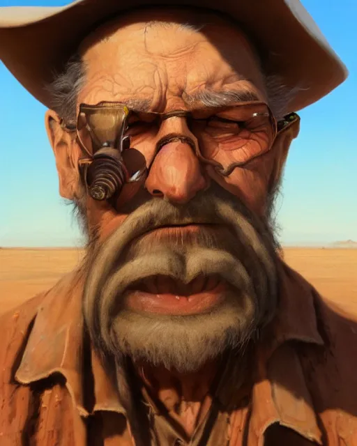 Image similar to a film still extreme close - up shot of an old cowboy outlaw in a desert by esao andrews. trending on artstation